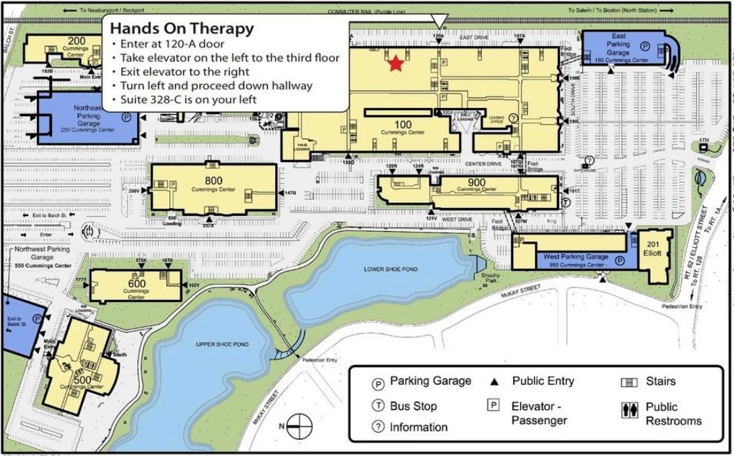 Cummings Center campus map showing directions to Hands On Therapy Suite 328C